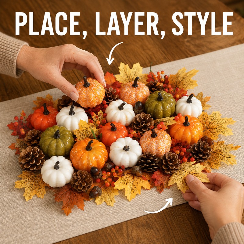 50Pcs Thanksgiving Artificial Pumpkins Set with Leaves Acorns and Pine