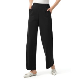 AFITNE Womens Wide Leg Work Pants High Waisted Pull On Dress Pants with Pockets Elastic Waistband Office Business Casual Loose Fit Trousers Slacks 29" Black S