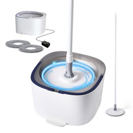 REECOO Spin Mop and Electric Bucket System, Unique Automatic Washing and Wring Electric Bucket, Upgrade Spin Mop Bucket with 2 Microfiber Cloths,Suitable for Hardwood Tile Marble Floor-White