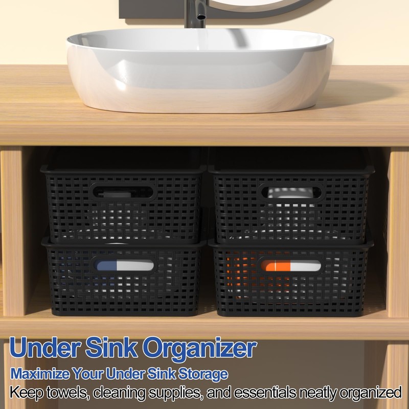 6-Pack Plastic Storage Baskets with Lid, Organizer Bins, Black