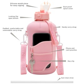 Fitnesse 2.2l Water Bottle | Large Gym Water Bottle | With Straw & Phone, Keys Storage Sleeve | Eco-friendly Drinks Bottle With Shoulder Strap | BPA Free - Pink