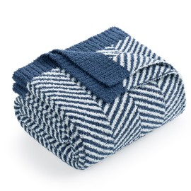 Herringbone Throw Blanket for Couch, Reversible Super Soft Warm Chervon Blankets, Cozy Knit Fuzzy Plush Lightweight Stripe Throws for Sofa, Bed, Camping, Navy, 50x60 inches