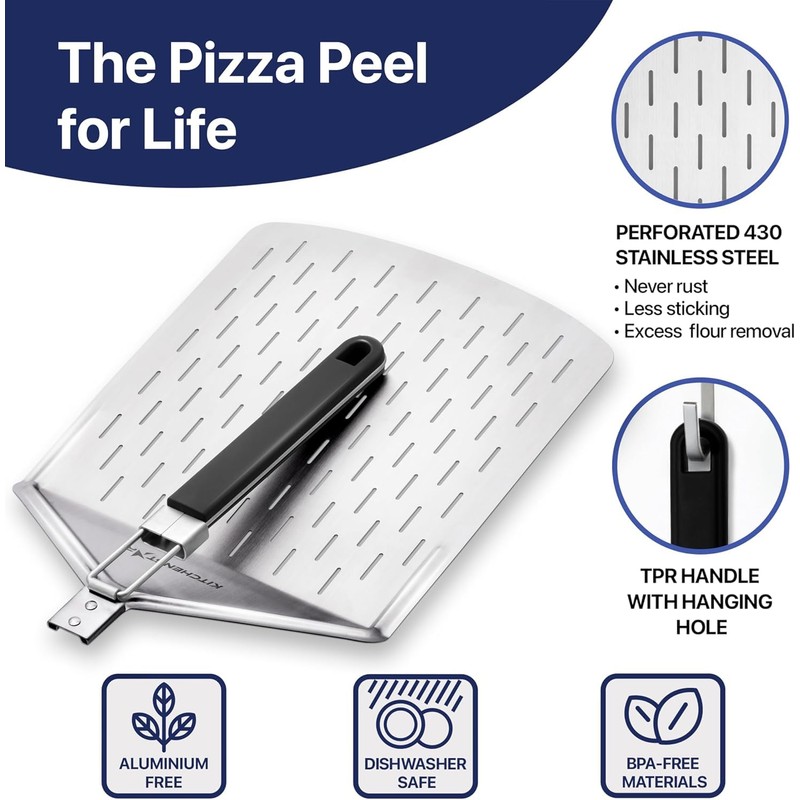 KitchenStar 12-inch Perforated Pizza Peel with Folding Handle - Stainless