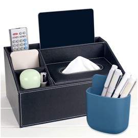 Kalevel 3 Pcs Remote Control Holder Leather Tissue Box Cover Decorative Pen Storage Container with Small TV Remote Caddy for Living Room Office Black