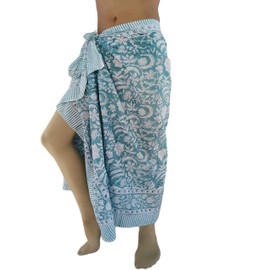 100% Cotton Indian Hand Block Print White Sarong Wraps For Women - Swim Cover Up For Women & Coverups For Bathing Suits, Teal Blue 3, One Size
