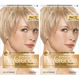 L'Oreal Paris Superior Preference Fade-Defying + Shine Permanent Hair Color, 9.5A Lightest Ash Blonde, Pack of 2, Hair Dye