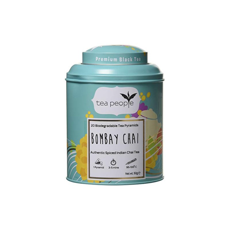 Tea People Bombay Chai, 20 Tea Pyramids in Tin Caddy