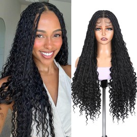 Lady Miranda Braided Wigs for Black Women Lace Front Knotless Boho Box Braid Wig with Curly Ends 30 Inch Full Lace Frontal Square Knotless Goddess Bohemian Box Braided Wigs with Baby Hair