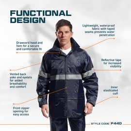 Portwest F440 Men's Hi Vis Waterproof Hooded Rain Jacket - Classic Iona Reflective Rain Coat Black, 3X-Large