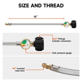 Roastove 15 Inch Stainless Braided RV Propane Pigtail Hose with 1/4 Inch Male Inverted Flare Fitting,for Standard Two-Stage Regulator, 2PACKS,with Gauge