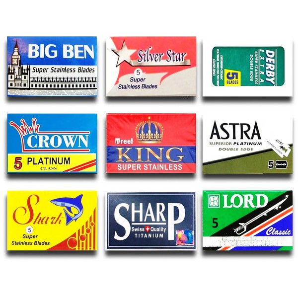 Astra-Derby-Shark-Lord-Treet-Sharp-Big Ben 50 Quality Double Edge Razor Blades Sampler (9 different brands)