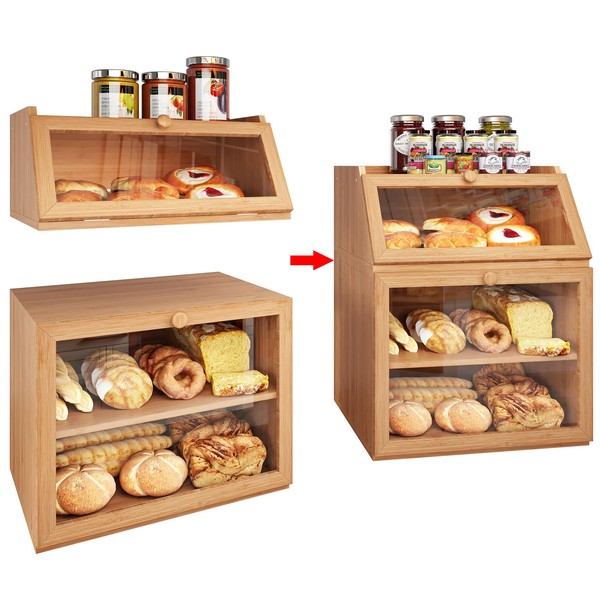 X-cosrack Large Double Separable Bamboo Bread Box Storage with Clear Window and Adjustable Compartment for Kitchen Countertop,Natural