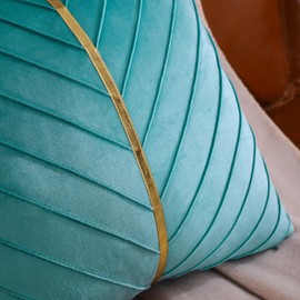 Tosleo Aqua Green Velvet Throw Pillow Covers 20x20 inch Pack of 2 with Gold Leather Decorative Couch Pillow Cover Luxury Modern Pillowcases for Living Room Bedroom Sofa Cushion Bed 50x50CM
