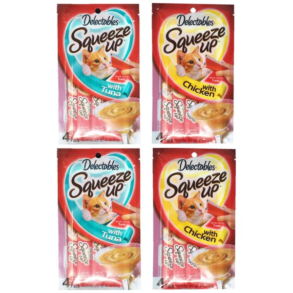 Delectables Hartz Squeeze Up Cat Treats Variety 4 Pouch Bundle of 2 Flavors; 2 Pouches of Each Flavor (2.0 oz Each) (Chicken, Tuna)