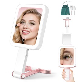 Mocado Travel Makeup Mirror with Lights,10X/1X Magnifying Mirror with Light, Double Sided Travel Mirror with 3 Color Light,Dimmable Touch,Lighted Makeup Mirror for Tabletop,Handheld,Hanging(Rose Gold)