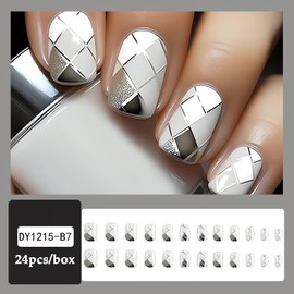 SINSEN Square Press on Nails Short Fake Nails Glossy Glue on Nails Full Cover Grey White Diamond Grid Acrylic Nails Cute Designs False Nails for Women and Girls - 24PCS