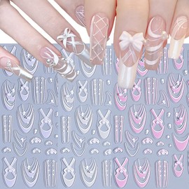 3 Sheets French Bow Nail Stickers for Nail Art, 3D Self-Adhesive Pink Purple Bow French Nail Decals, French Nail Supplies Nail Art Designs Accessories for Women and Girls Manicure DIY Decoration