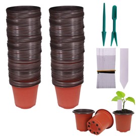 Huvai 100 Pcs 4" Plastic Seedlings Plants Nursery Pots with 100 Pcs Waterproof Plastic Plant Tags and 2Pcs/Set Transplanting Digging Mini Tools