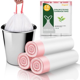 White 1.6 Gallon Trash Bags Drawstring - Unscented Small Garbage Bags for Bathroom Can Bulk Strong Thick Mini Waste Basket Plastic Liners for Home Kitchen 60 Count Magesh