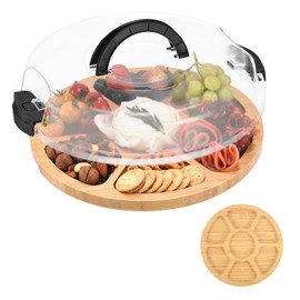 GLOKUUCA Round Charcuterie Board with Lid and Handle - Portable Cheese Board for Travel,Bamboo Cutting Board for Kitchen,Gifts for House Warming, Bridal Shower (7 Compartment, Black)