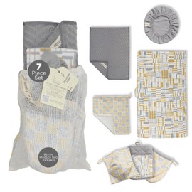 Stitch & Stone Welcome Home Kitchen Set - Multi Use with Quilted Pot Holder, Mitt, & Bowl Trivet, Cotton Kitchen Towel, Mat for Dish Drying, Hanging Towel, & Bowl Cover - Grey and Mustard Line