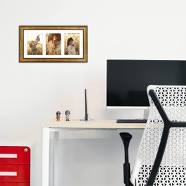 Frametory, 9x18 Picture Frame - for Three 5x7 Photos, Three Opening White Mat - Wall Display - Great for Wedding, Graduation, Engagement Photographs - Antique Gold