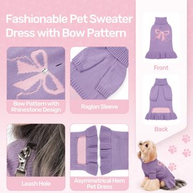 WOYYHO 5-22 lbs Dog Sweater Dress for Small Dogs Girl with Bows & Tureleneck Pattern Purple M Dog Sweaters Knitted with Leash Hole Winter Dogs Clothes Dresses for Puppy Chihuahua Yorkie Dachshund