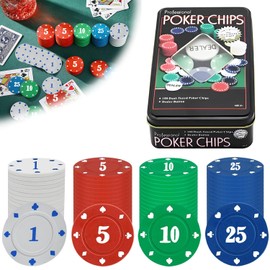 100 Piezas Juego de Fichas de Poker,4 Denominaciones Fichas Didacticas con Caja de Hierro, Juego de Póquer para Niños de 8 Años o Más y Adultos