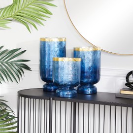 Deco 79 Glass Pillar Hurricane Lamp with Gold Interior, Set of 3 12", 10", 12"H, Blue