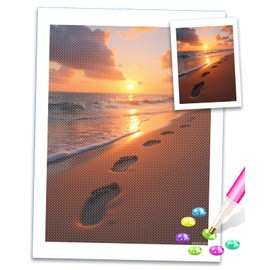 MOER SKY Sand Foot Print Sunset Beach Ocean Diamond Art Kits for Adults DIY 5D Full Drill Diamond Painting for Home Wall Decor, Frameless Diamond Painting Kits for Adults Beginner 12x16 inch