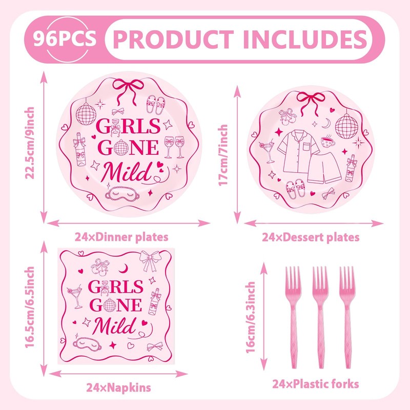 96 Pcs Girls Gone Mild Bachelorette Party Decorations Pink Sleepover