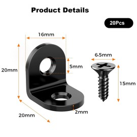 20 Pcs Black Angle Brackets, 20 x 20mm Stainless Steel L Brackets for Wood with 40 Screws, 90 Degree Corner Bracket for Chair Bookshelf Desk Window Furniture Cabinet