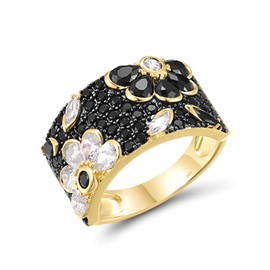 Santuzza Sterling Silver Black & White Orchid Ring Black Spinel Cubic Zirconia Gold Plated Flower Band Ring for Women (8)