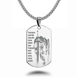 Kriskate & Co. Dog Tag Necklace The Devil Saw Me with My Head Down and Thought He’d Won until I Said Amen Steel Dog Tag Necklace SSN841-S (With Back Engraving, 24 Inches)