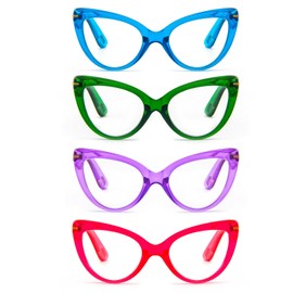 MMOWW Cat Eye Reading Glasses for Women Fashion Cute Blue Light Blocking Readers 4 Pack, Blue/Green/Red/Purple +1.5