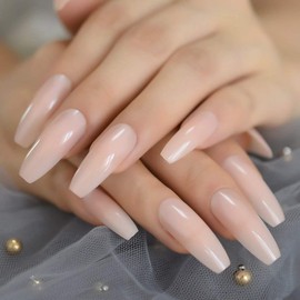 CoolNail Glossy Nude Ballerina Press on False Nails Extra Long Natural Coffin UV Fake Fingers nails with Jelly Glue Sticker