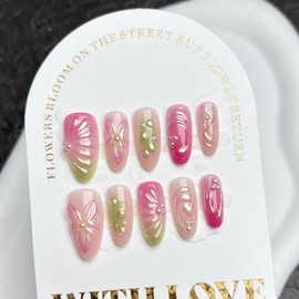 Flower Press on Nails Pink Green Fake Nails Medium Almond False Nail Water Drop Glue on Nails with 3D Floral Design Glossy Full Cover Acrylic Ombre Stick on Nail for Women Manicure 24Pcs