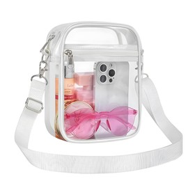 Supcomsta Clear Crossbody Bag, Clear Toiletry Bag with Color-Block Border, Double-Layered Clear Makeup Bag for Concerts Sports Festivals Toiletries, Wash Bag, Daily & Travel Use (White, Small)