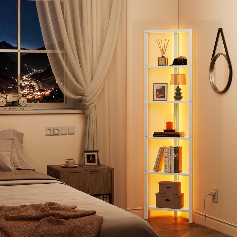 TUTOTAK 6-Tier Corner Bookshelf with LED Light,Corner Shelf for Small