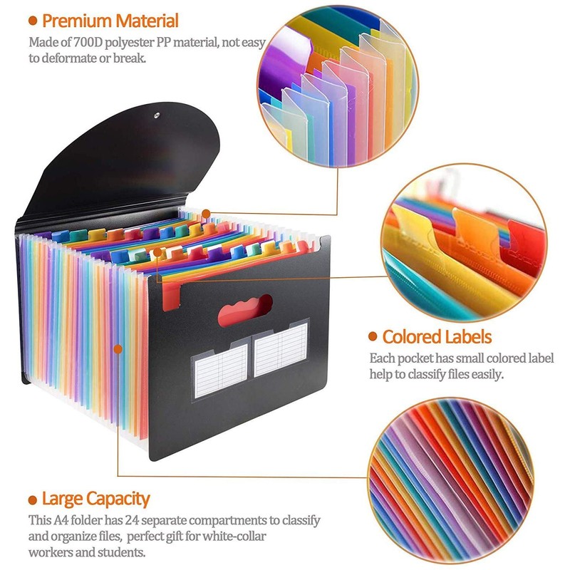 24 Pockets Expanding File Folder with Lid - Plastic Portable
