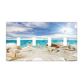 Beach Seashells Starfish Hawaii Ocean Quad Toggle Light Switch Covers Decorative 4 Gang Wall Plate Electrical Faceplate Switchplate for Country Bathroom Bedroom Decor