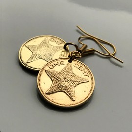 Bahamas Island 1 Cent coin earrings Bahamian starfish sea star Nassau Andros Exuma Junkanoo Rose Island Lighthouse Beach Rum Cay sand sea snorkeling Paradise Island Cabbage Beach Junkanoo e000151