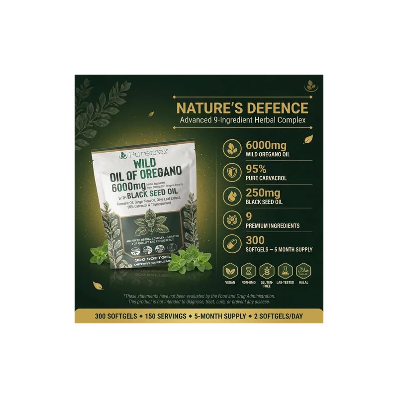 Puretrex Aceite De Orégano Salvaje - 300 Cápsulas Blandas