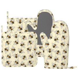 MIFSOIAVV Happy Busy Bees Oven Mitts and Pot Holders Sets Silicone Bees Kitchen Mitts Bees Potholders Heat Resistant 4Pcs Bees Oven Gloves Hot Pads for Kitchen Baking Cooking BBQ Grilling