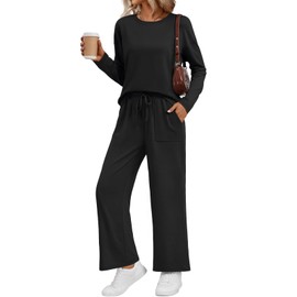LILLUSORY Women's Sweatsuits 2 Piece Outfits Lounge Matching Sweat Sets Casual Sweatshirts and Wide Leg Sweatpants Tracksuit Sets 2025 Black M