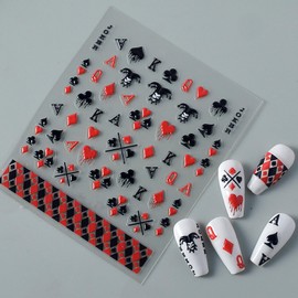 IDDFEVE Embossed Poker Nail Art Stickers - Playing Card Self-Adhesive 5D Nail Decals for DIY Red & Black Plaid Manicure (1 Sheet)