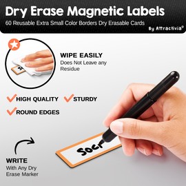 Attractivia Dry Erase Magnetic Labels 2.8 x 1.2 in, with Color Borders, Dry Erase Magnets, 60-Pack, White Erasable Write-On Labels, for Office, Education, Home, Whiteboard