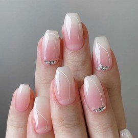 Pink Nude Press on Nails Medium Square Fake Nails Glossy Glue on Nails with Rhinestones Designs Natural Nude Acrylic False Nails Reusable Full Cover Artificial Nails for Women Manicure Kit 24Pcs