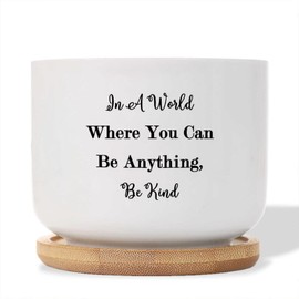 DecStic in A World Where You Can Be Anything, Be Kind Planters Ceramic Bible Verse Round Plant Pot with Drainage Holes and Bamboo Tray Pot for Home Desktop Office Windowsill
