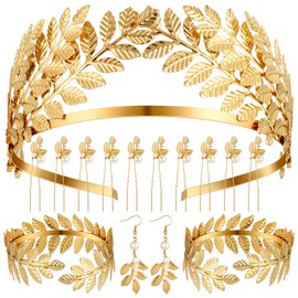 Pulsera de Disfraz de Diosa Griega de 15 Piezas Diadema de Corona de Novia con Hojas Doradas Aretes de Perlas y Horquillas para el Cabello (Estilo Fresco)